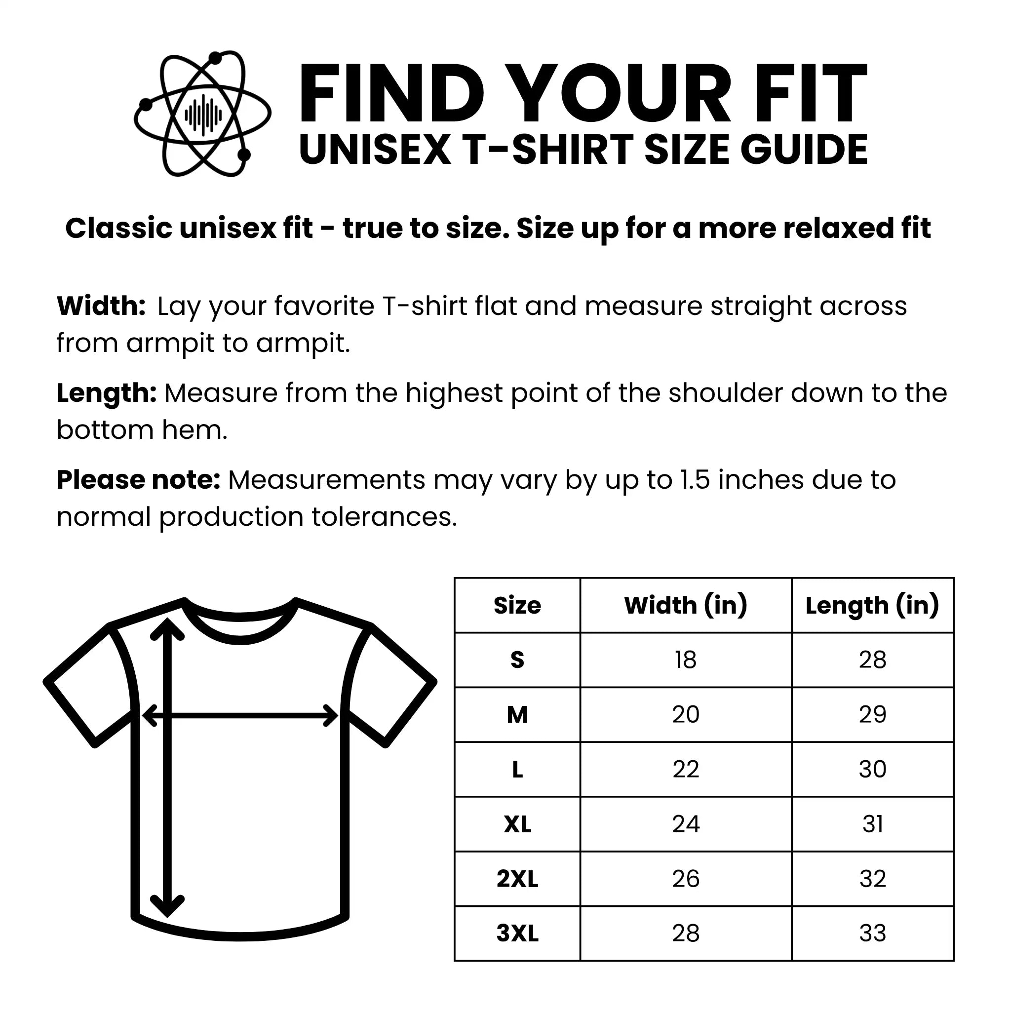 QUASIKERN unisex T-shirt size guide showing width and length measurements for sizes S to 3XL.