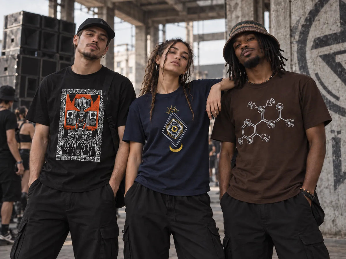 Three ravers wearing QUASIKERN Drum & Bass graphic T-shirts in a gritty industrial warehouse setting.