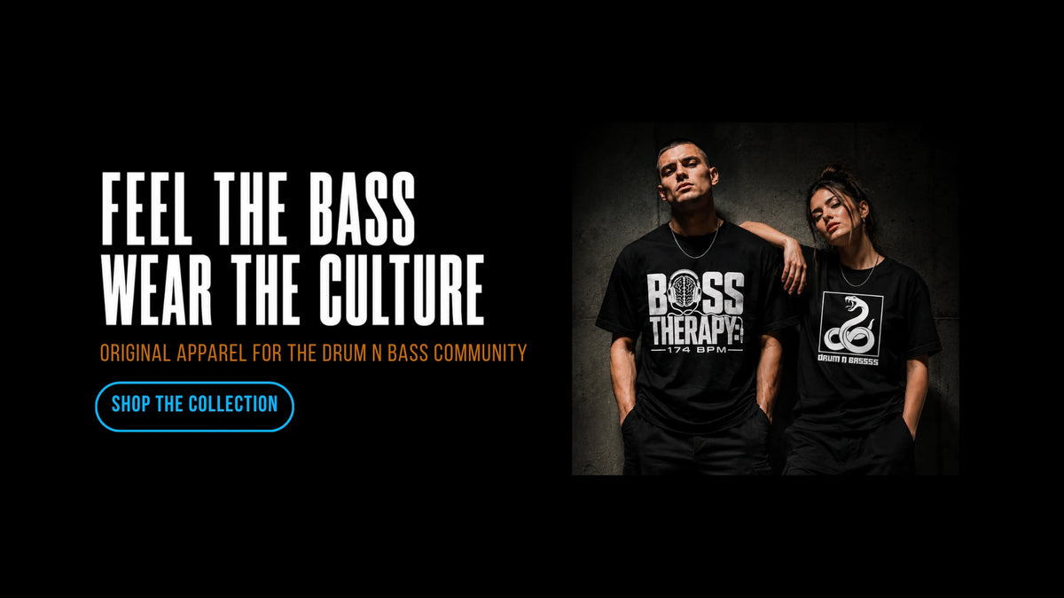 Two models wearing black Drum & Bass T-shirts with “Feel the Bass, Wear the Culture” QUASIKERN hero banner