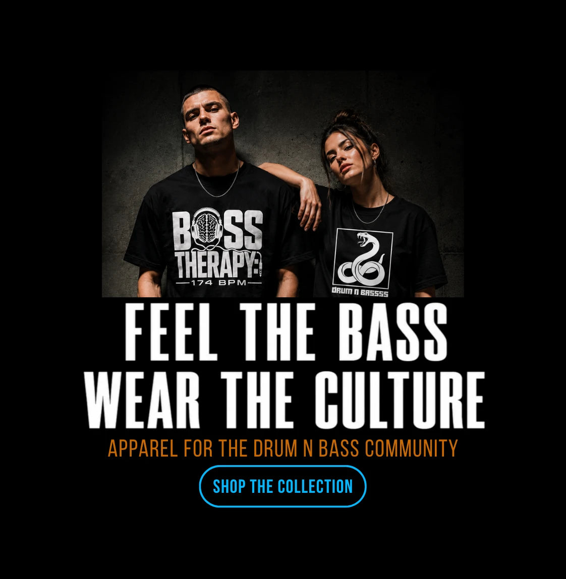 Two models wearing black Drum & Bass T-shirts with “Feel the Bass, Wear the Culture” QUASIKERN hero banner
