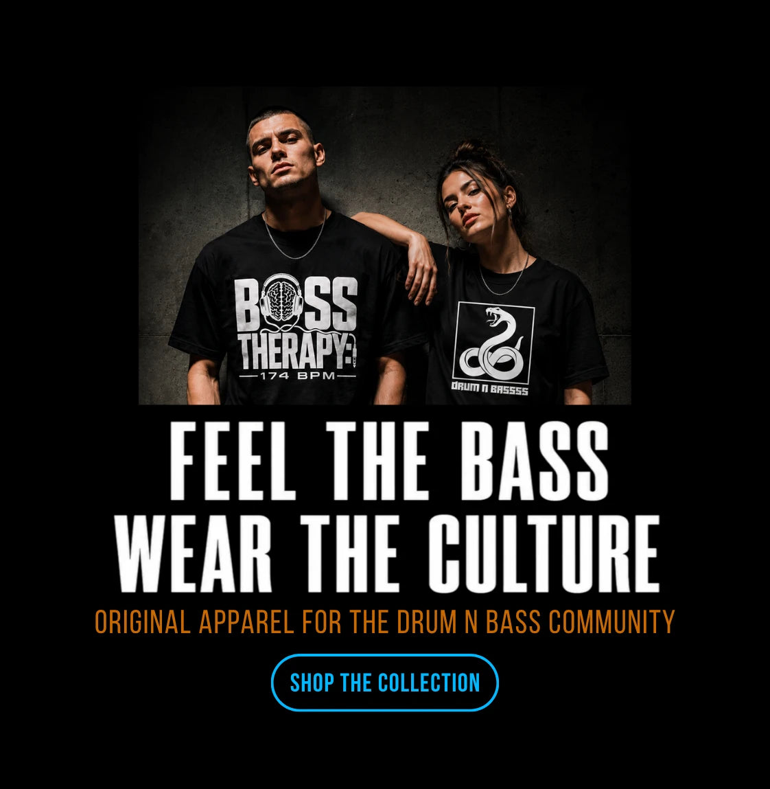 Two models wearing black Drum & Bass T-shirts with “Feel the Bass, Wear the Culture” QUASIKERN hero banner