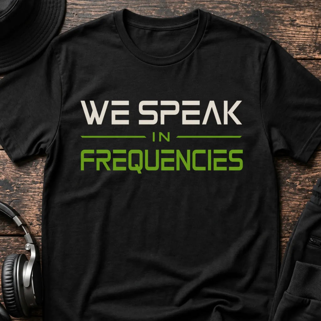 We Speak in Frequencies DnB T-Shirt flat lay by QUASIKERN