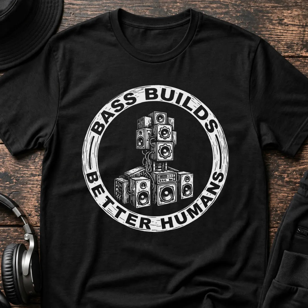 Bass Builds Better Humans Ed. 1 DnB T-Shirt flat lay by QUASIKERN