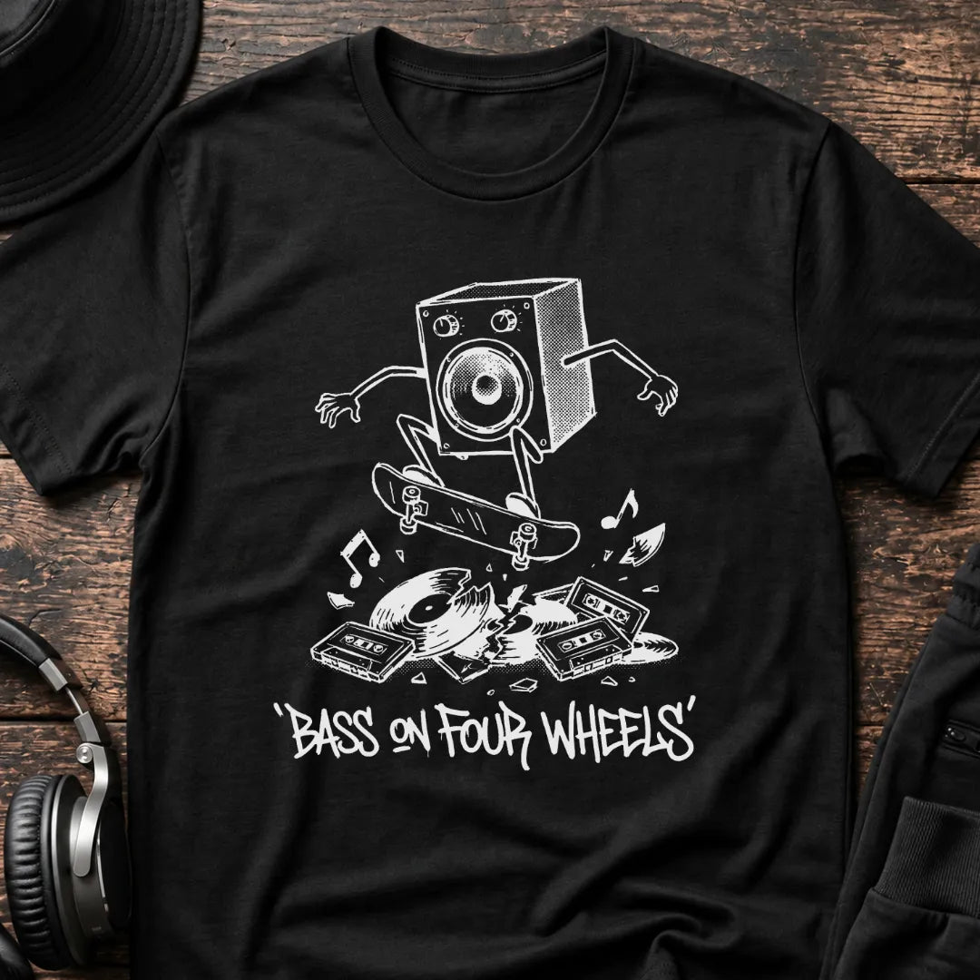 Bass on Four Wheels Rave T-Shirt flat lay by QUASIKERN