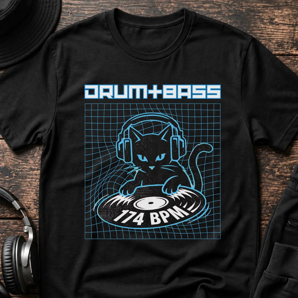 174 BPM Cat DnB T-Shirt flat lay by QUASIKERN