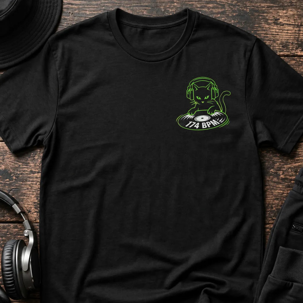 174 BPM Cat Chestprint DnB T-Shirt flat lay by QUASIKERN