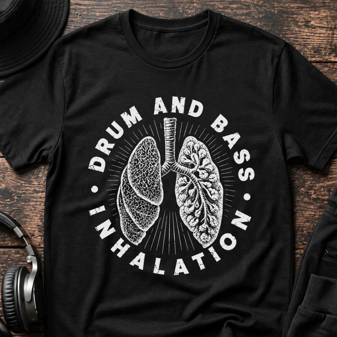 Drum & Bass Inhalation DnB T-Shirt flat lay by QUASIKERN