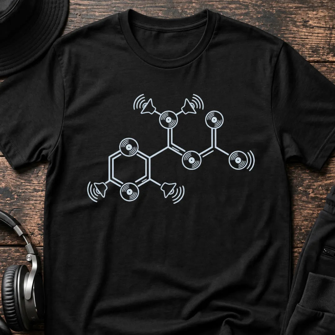 Bass Molecule DnB T-Shirt flat lay by QUASIKERN