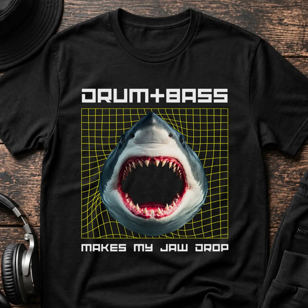 Makes My Jaw Drop Shark DnB T-Shirt flat lay by QUASIKERN