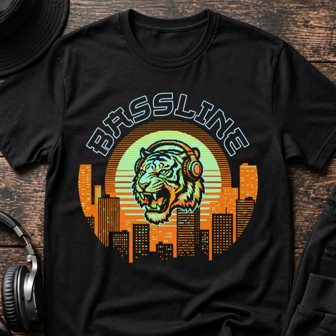 Bassline Tiger DnB T-Shirt flat lay by QUASIKERN