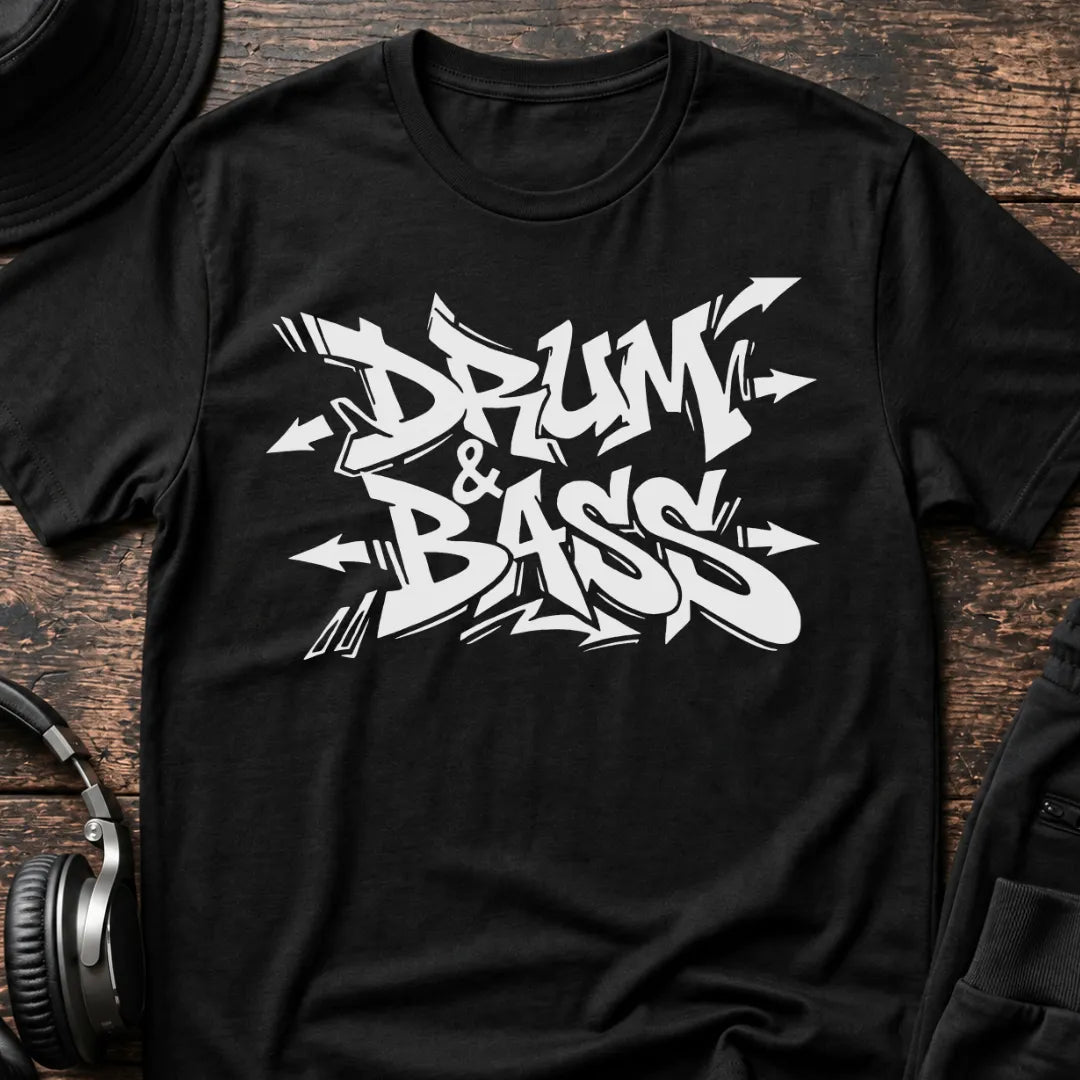 Drum & Bass Graffiti DnB T-Shirt flat lay by QUASIKERN
