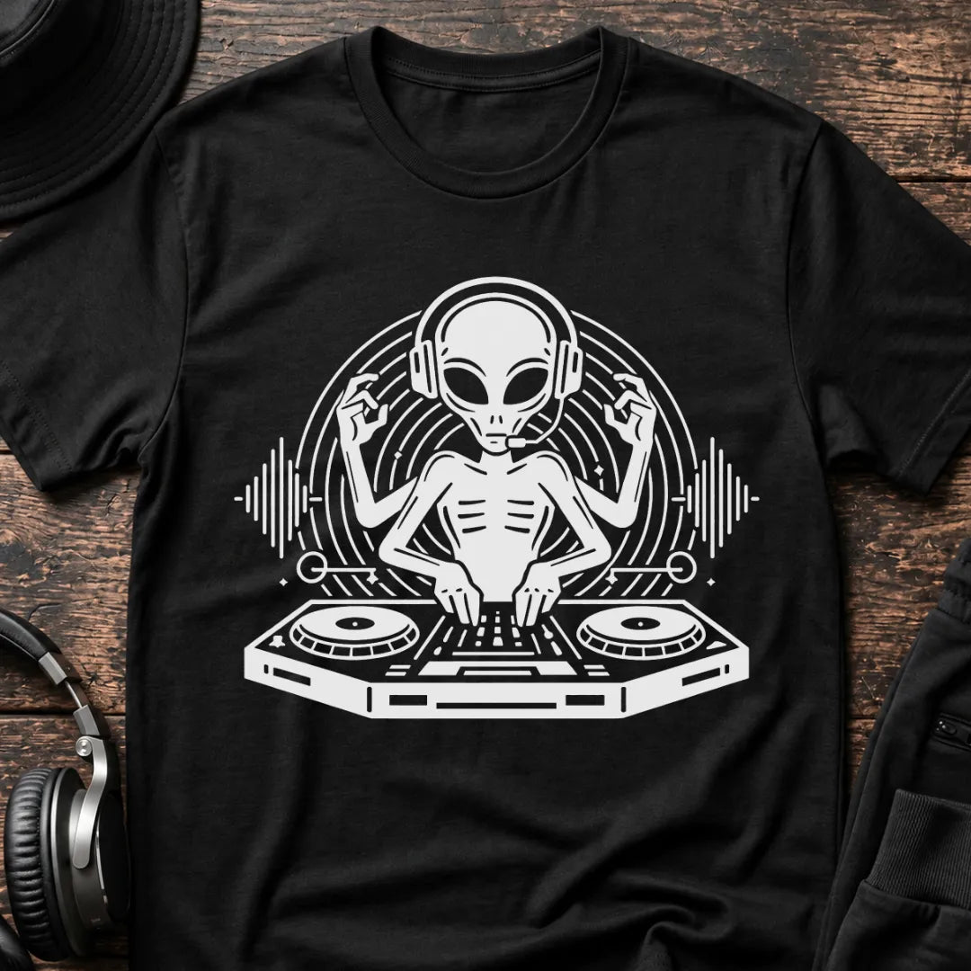 DJ Alien Rave T-Shirt flat lay by QUASIKERN