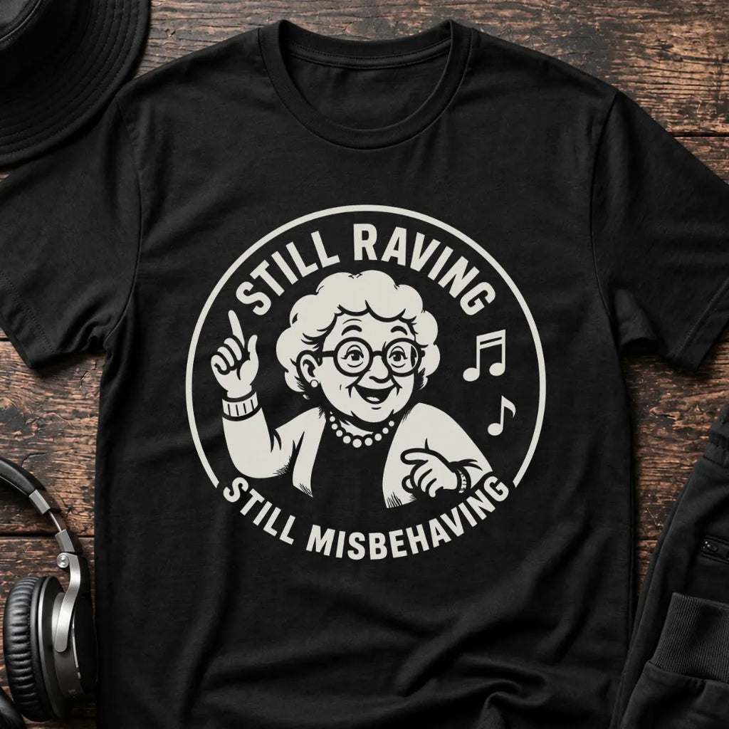Granny Rave T-Shirt flat lay by QUASIKERN