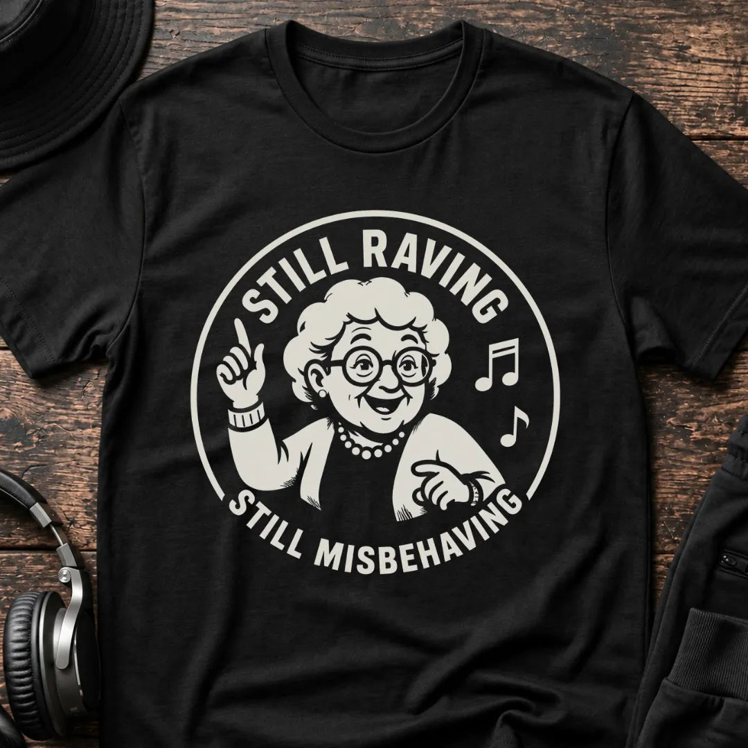 Granny Rave T-Shirt flat lay by QUASIKERN