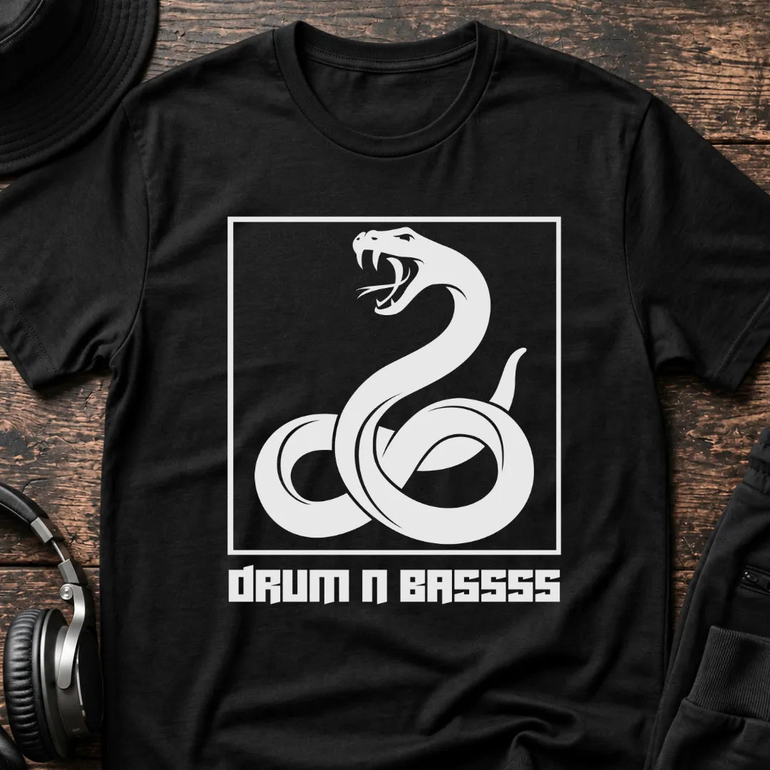 Drum N Bass Snake DnB T-Shirt flat lay by QUASIKERN