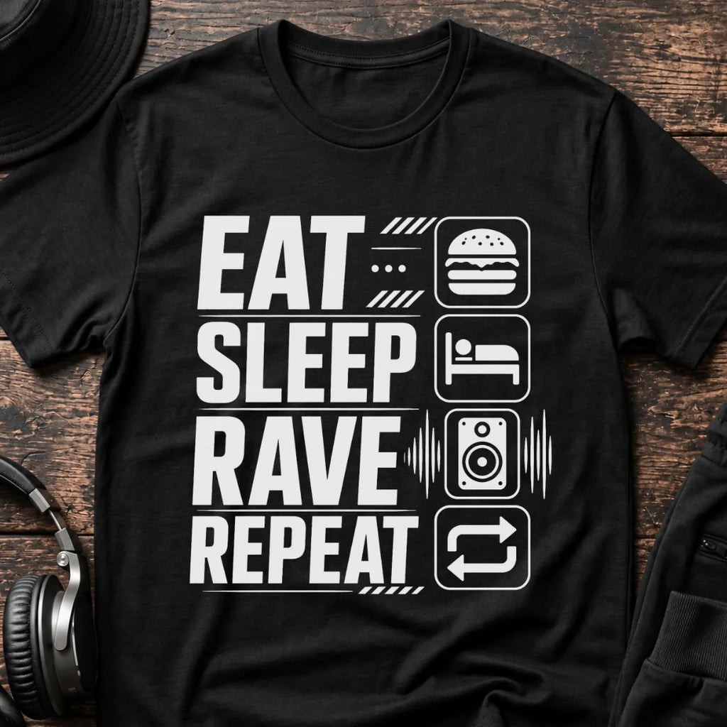 Eat Sleep Repeat Rave T-Shirt flat lay by QUASIKERN