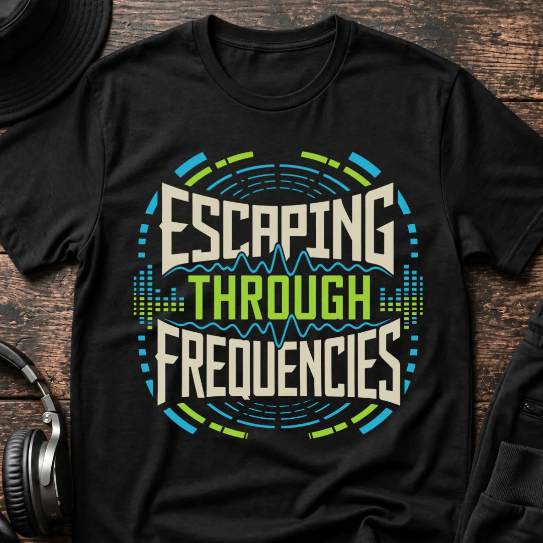 Escaping Through Frequencies Rave T-Shirt flat lay by QUASIKERN