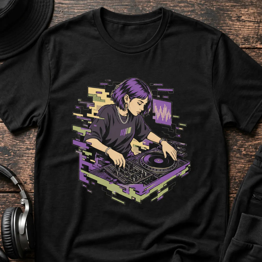 Glitch Selecta DJ T-Shirt flat lay by QUASIKERN