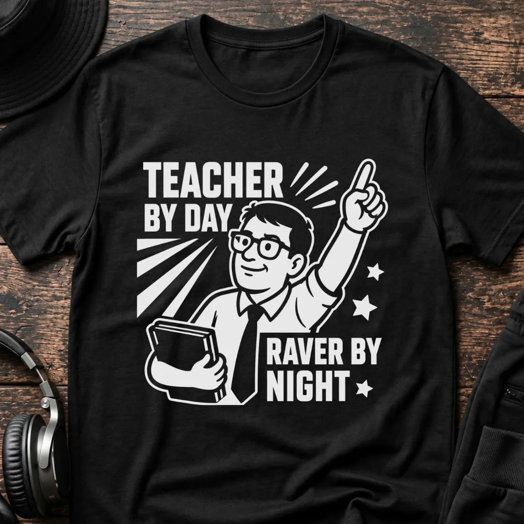 Teacher by Day Male Rave T-Shirt flat lay by QUASIKERN