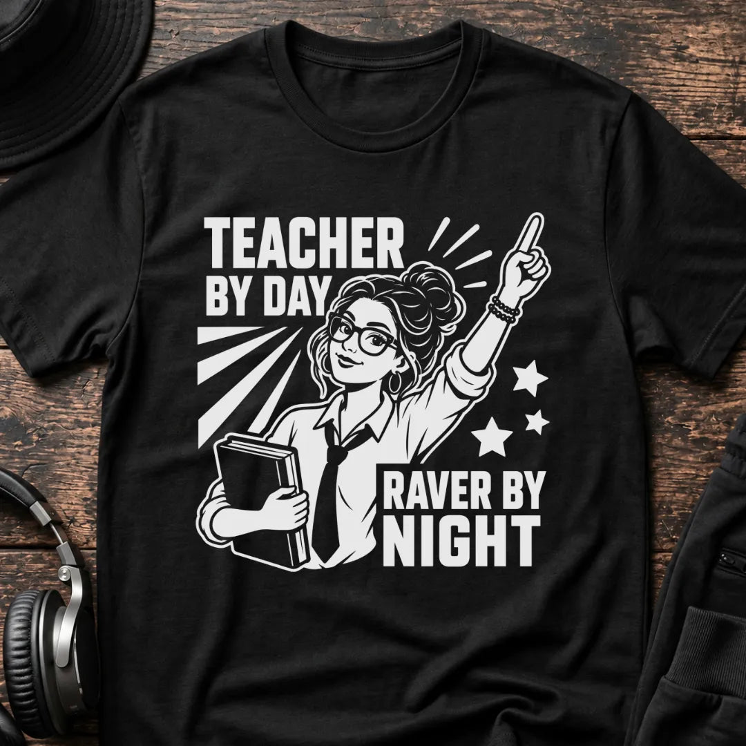 Teacher by Day Female Rave T-Shirt flat lay by QUASIKERN