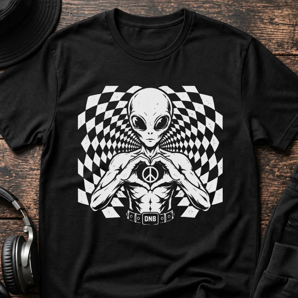 Alien Love Peace DnB T-Shirt flat lay by QUASIKERN