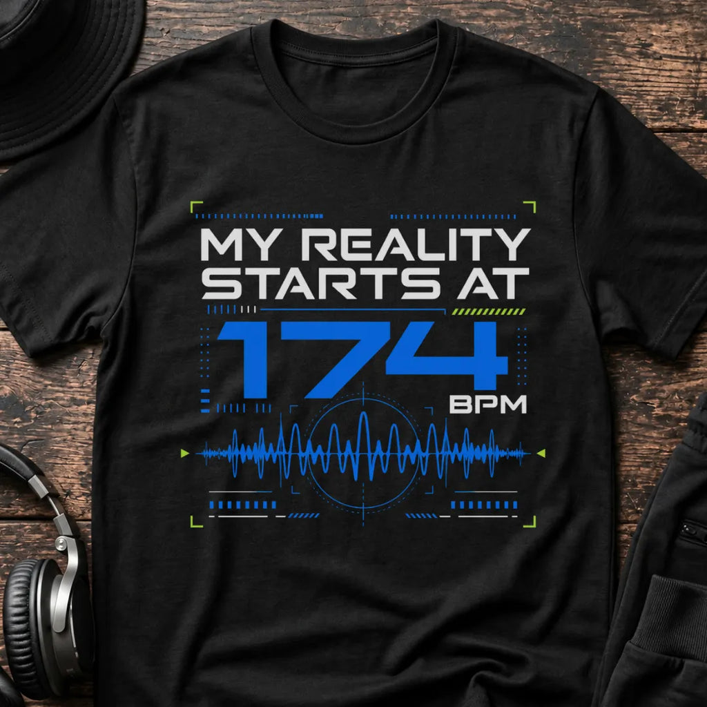 Reality Starts at 174BPM DnB T-Shirt flat lay by QUASIKERN