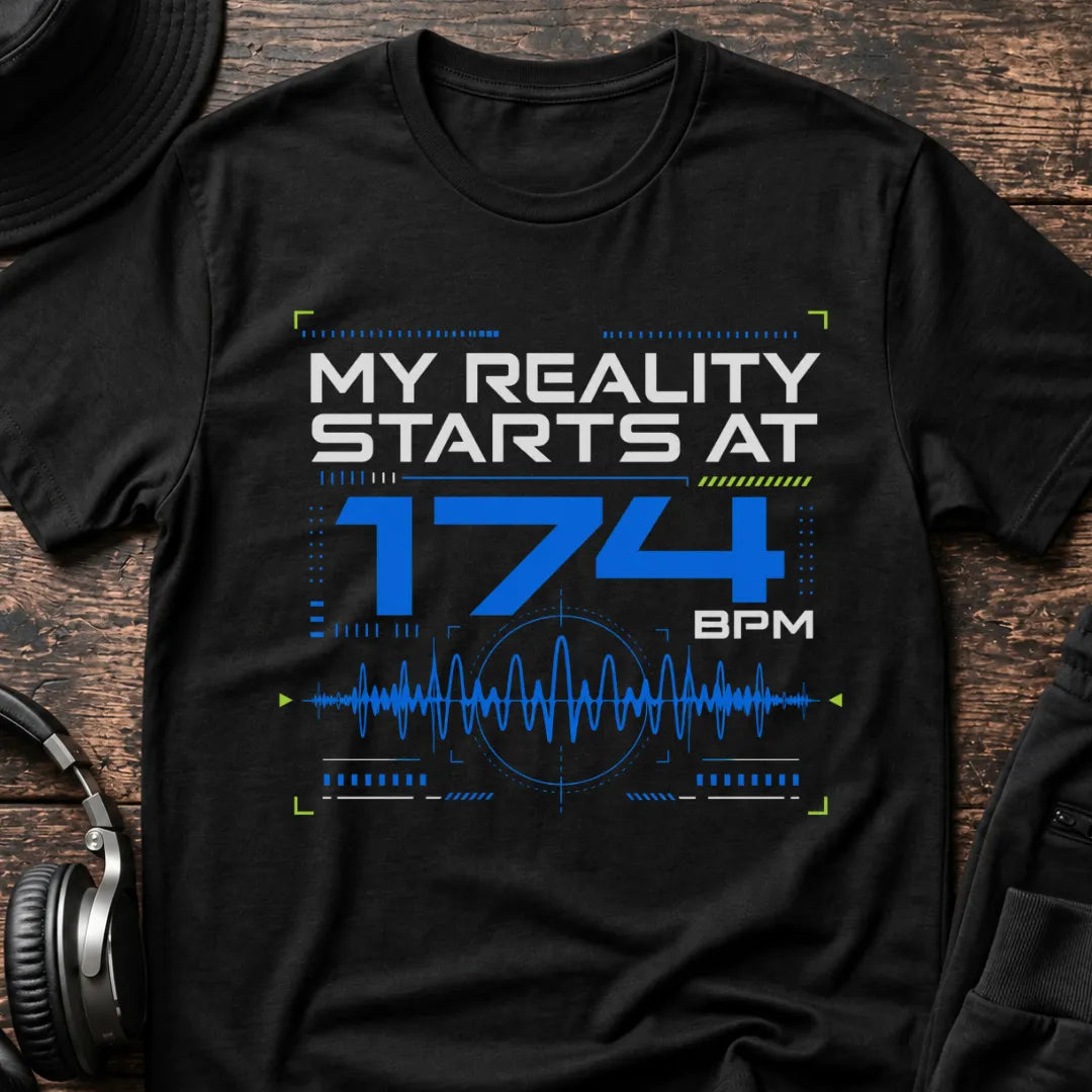 Reality Starts at 174BPM DnB T-Shirt flat lay by QUASIKERN