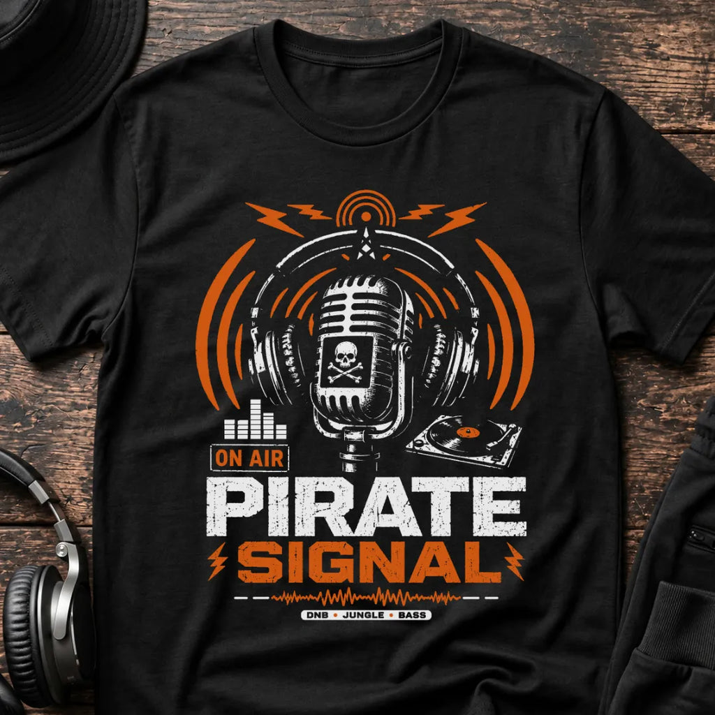 Pirate Signal DnB T-Shirt flat lay by QUASIKERN