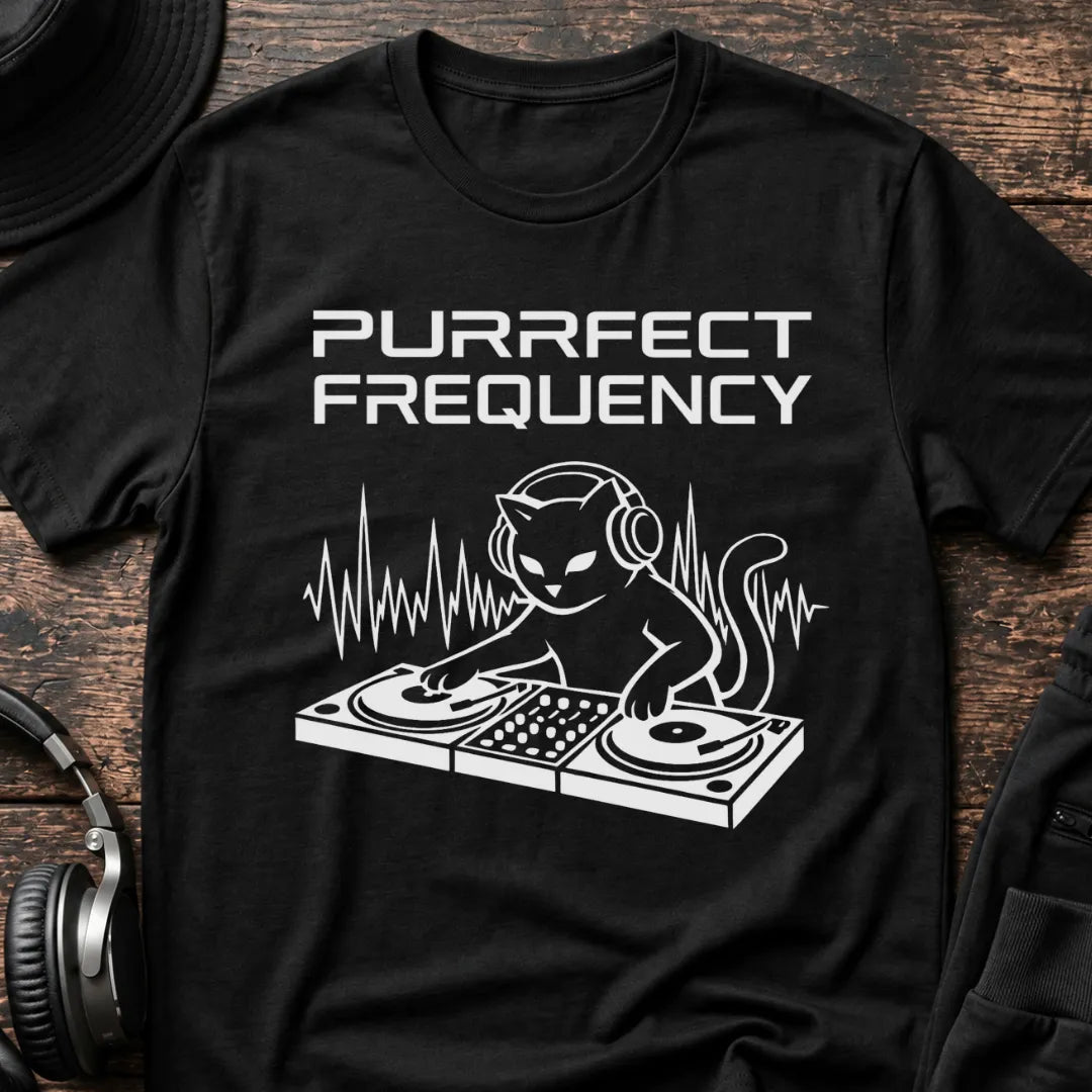 Purrfect Frequency Cat DJ T-Shirt flat lay by QUASIKERN