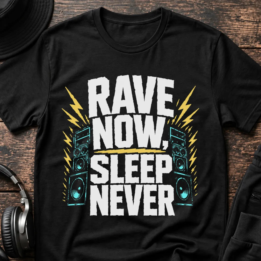 Sleep Never Rave T-Shirt flat lay by QUASIKERN