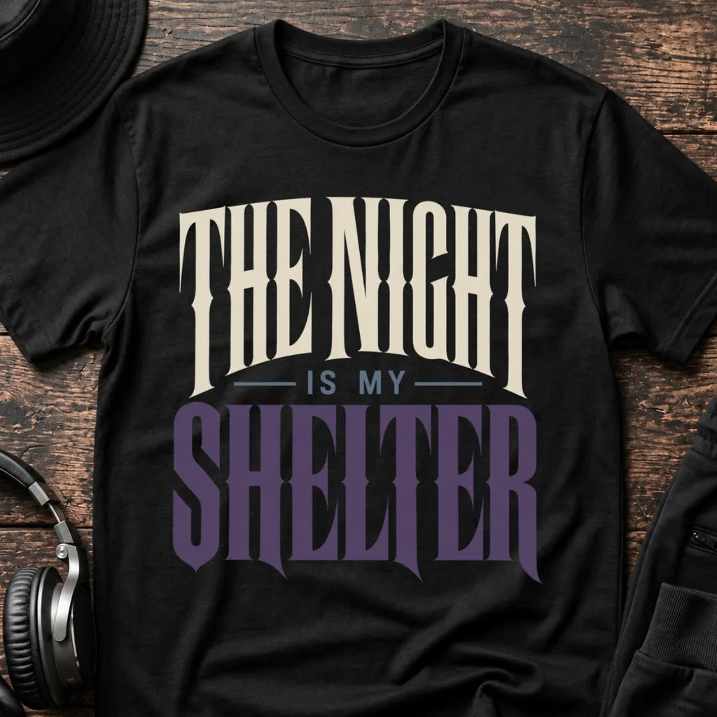 The Night Is My Shelter Rave T-Shirt flat lay by QUASIKERN