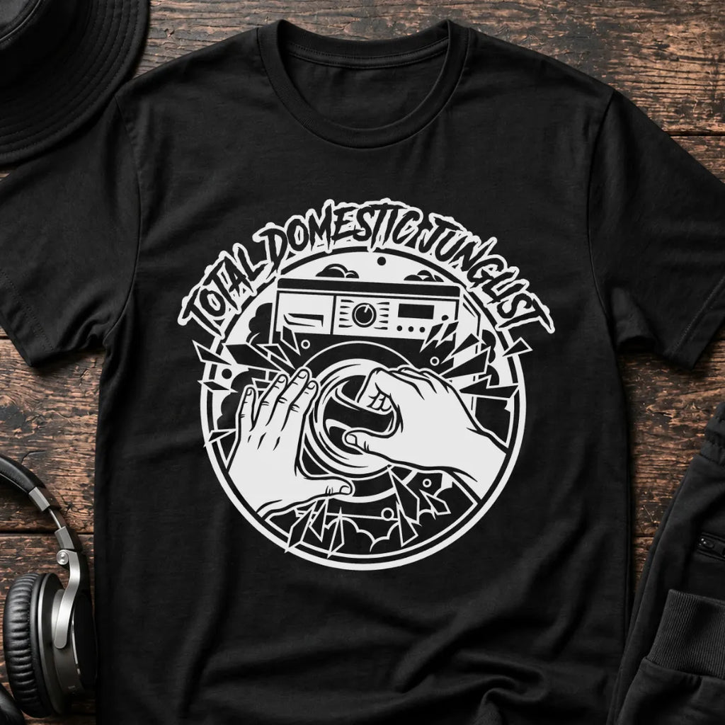Total Domestic Junglist Jungle T-Shirt flat lay by QUASIKERN