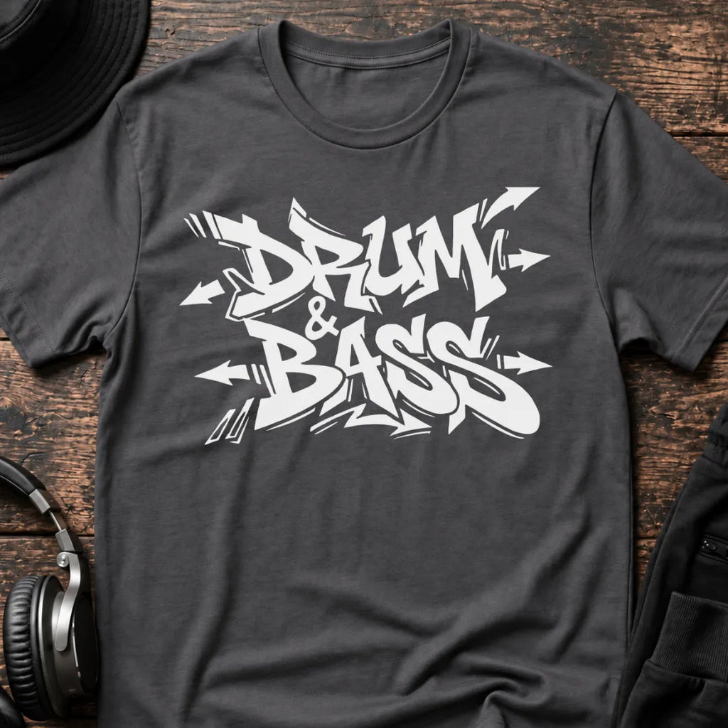 Drum & Bass Graffiti DnB T-Shirt flat lay by QUASIKERN