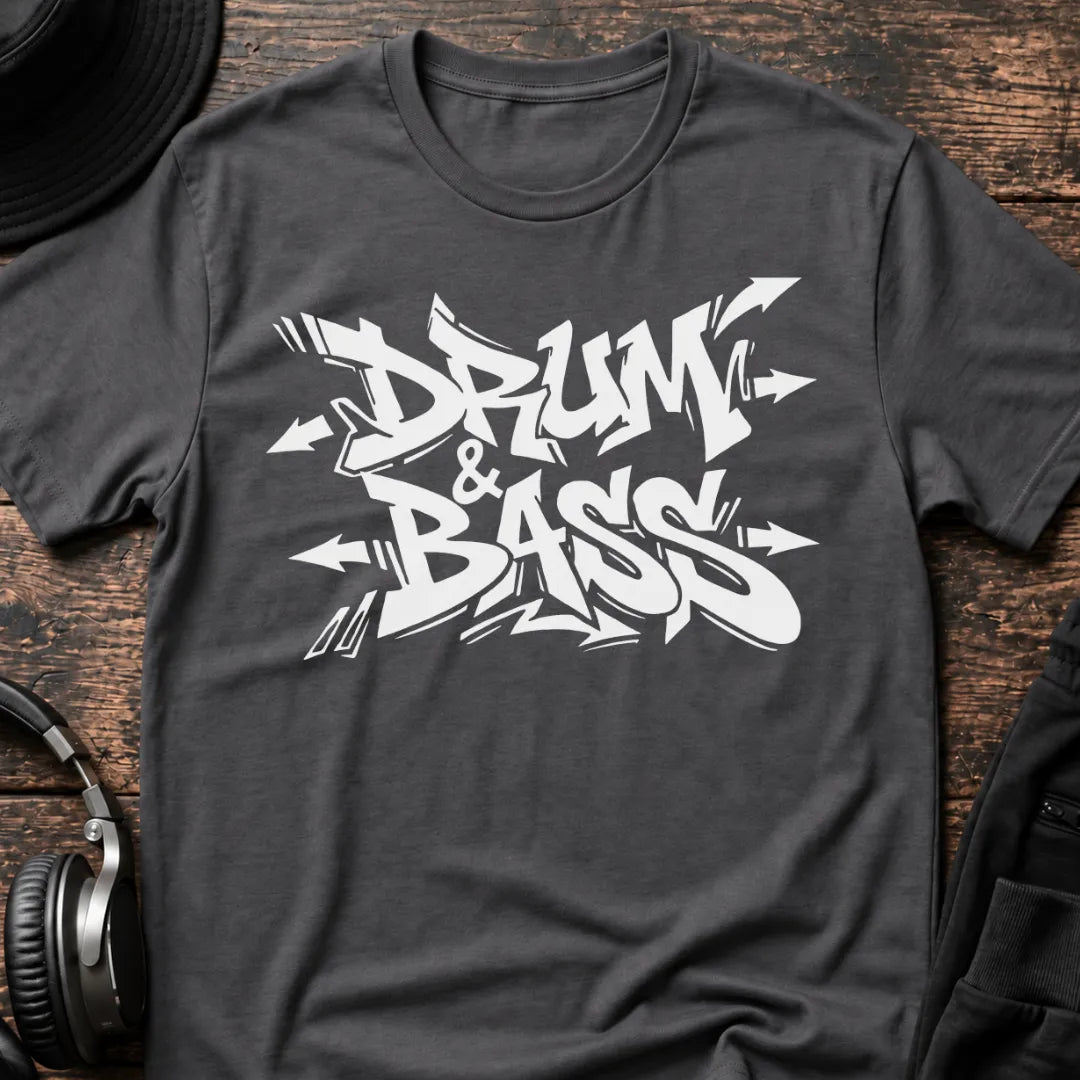 Drum & Bass Graffiti DnB T-Shirt flat lay by QUASIKERN