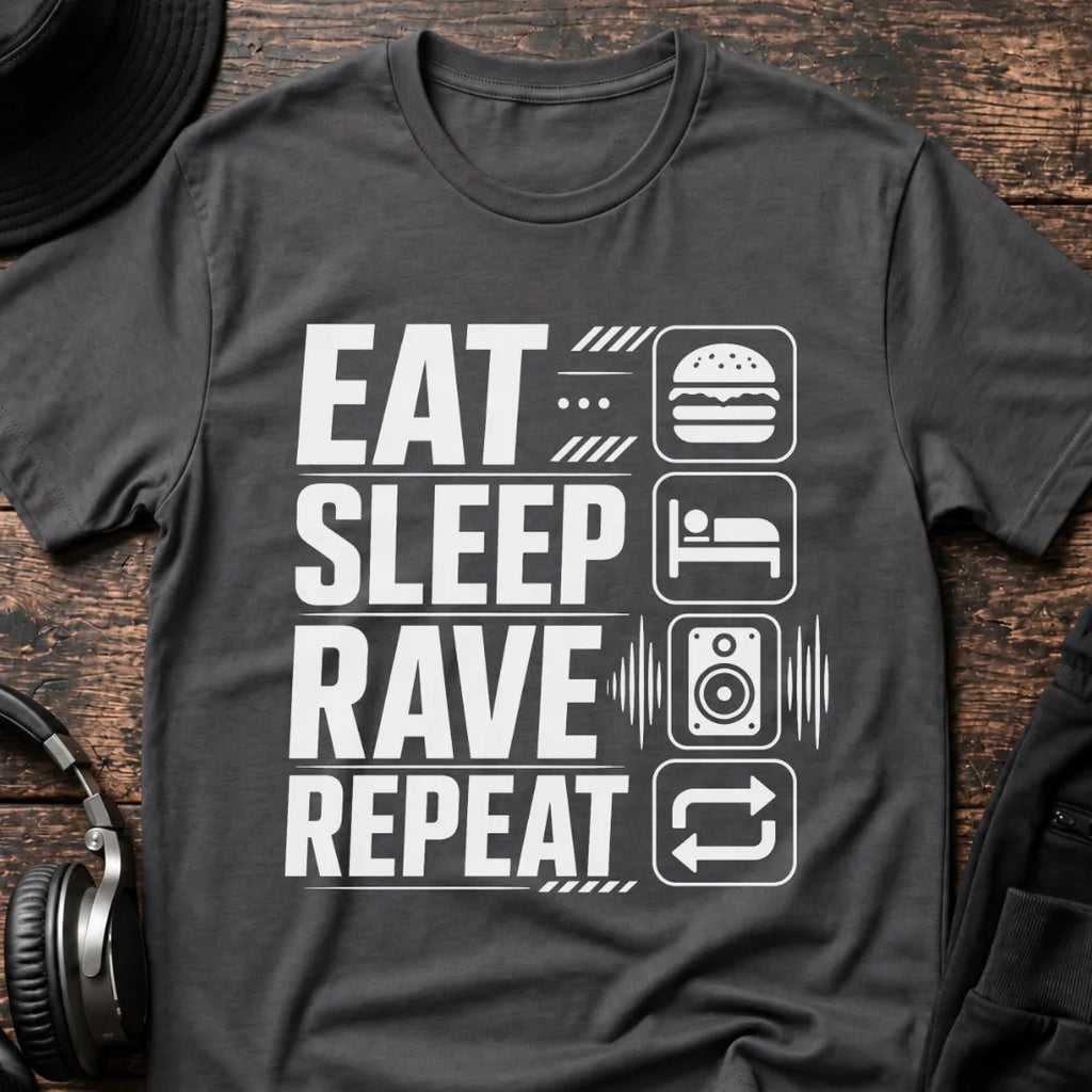 Eat Sleep Repeat Rave T-Shirt flat lay by QUASIKERN