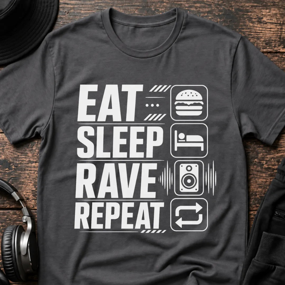 Eat Sleep Repeat Rave T-Shirt flat lay by QUASIKERN