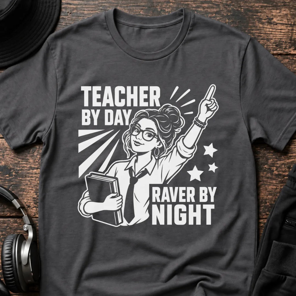 Teacher by Day Female Rave T-Shirt flat lay by QUASIKERN