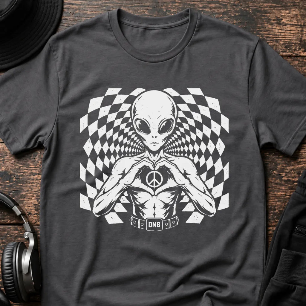 Alien Love Peace DnB T-Shirt flat lay by QUASIKERN