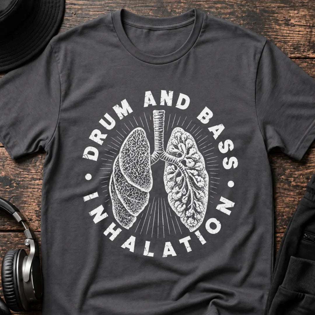 Drum & Bass Inhalation DnB T-Shirt flat lay by QUASIKERN