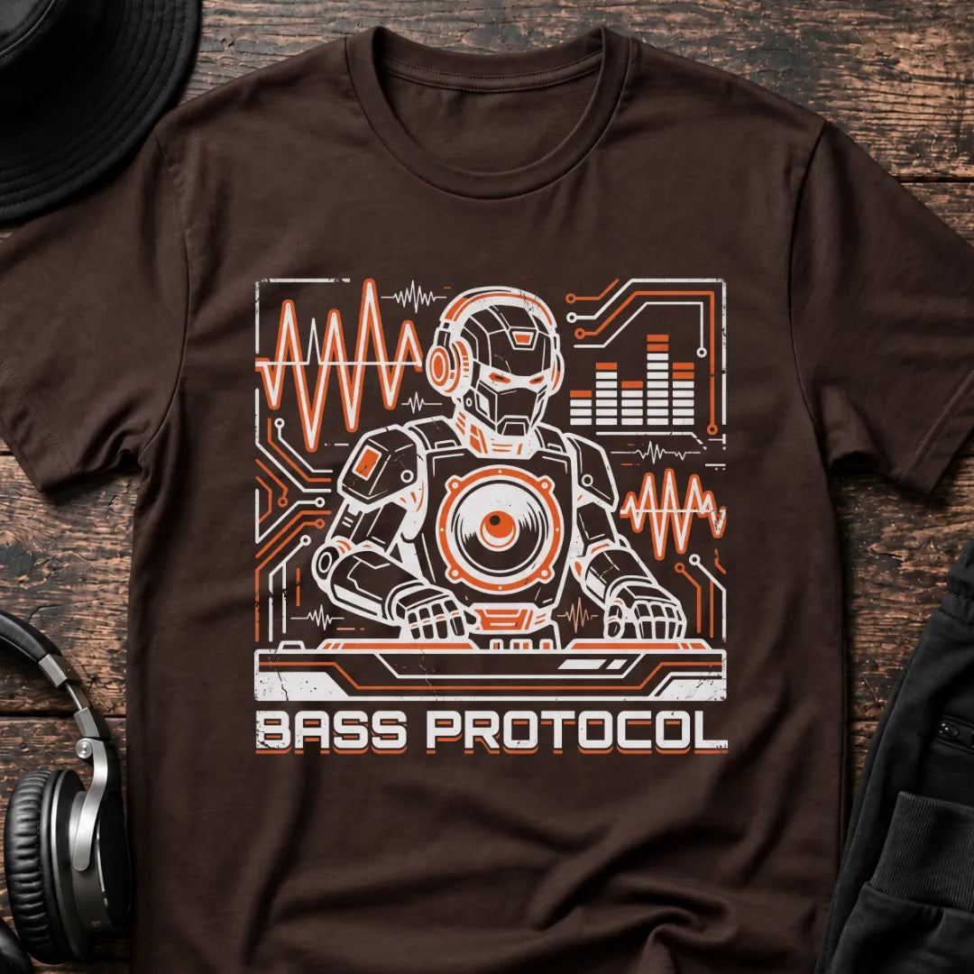 Bass Protocol DnB T-Shirt flat lay by QUASIKERN