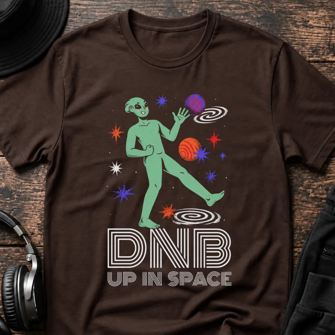 Alien Up in Space DnB T-Shirt flat lay by QUASIKERN