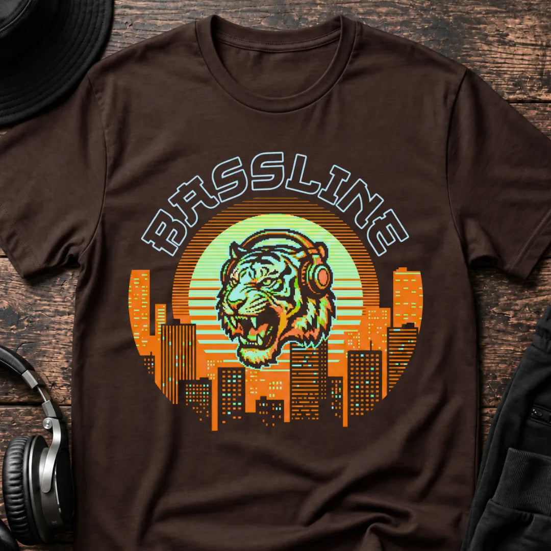 Bassline Tiger DnB T-Shirt flat lay by QUASIKERN