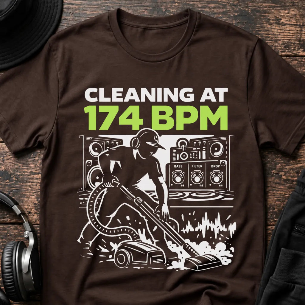 Cleaning at 174 BPM DnB T-Shirt flat lay by QUASIKERN