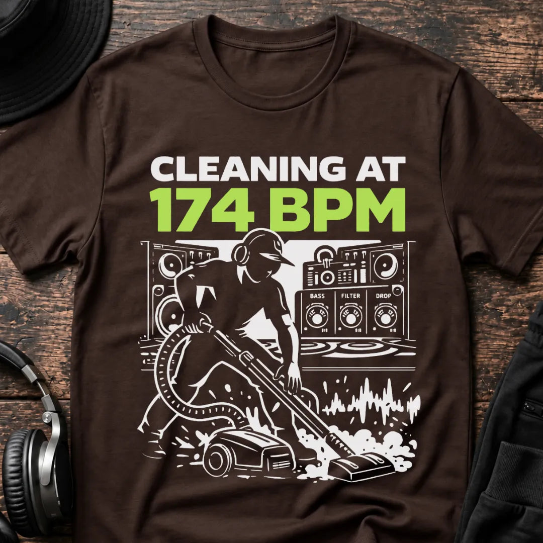 Cleaning at 174 BPM DnB T-Shirt flat lay by QUASIKERN