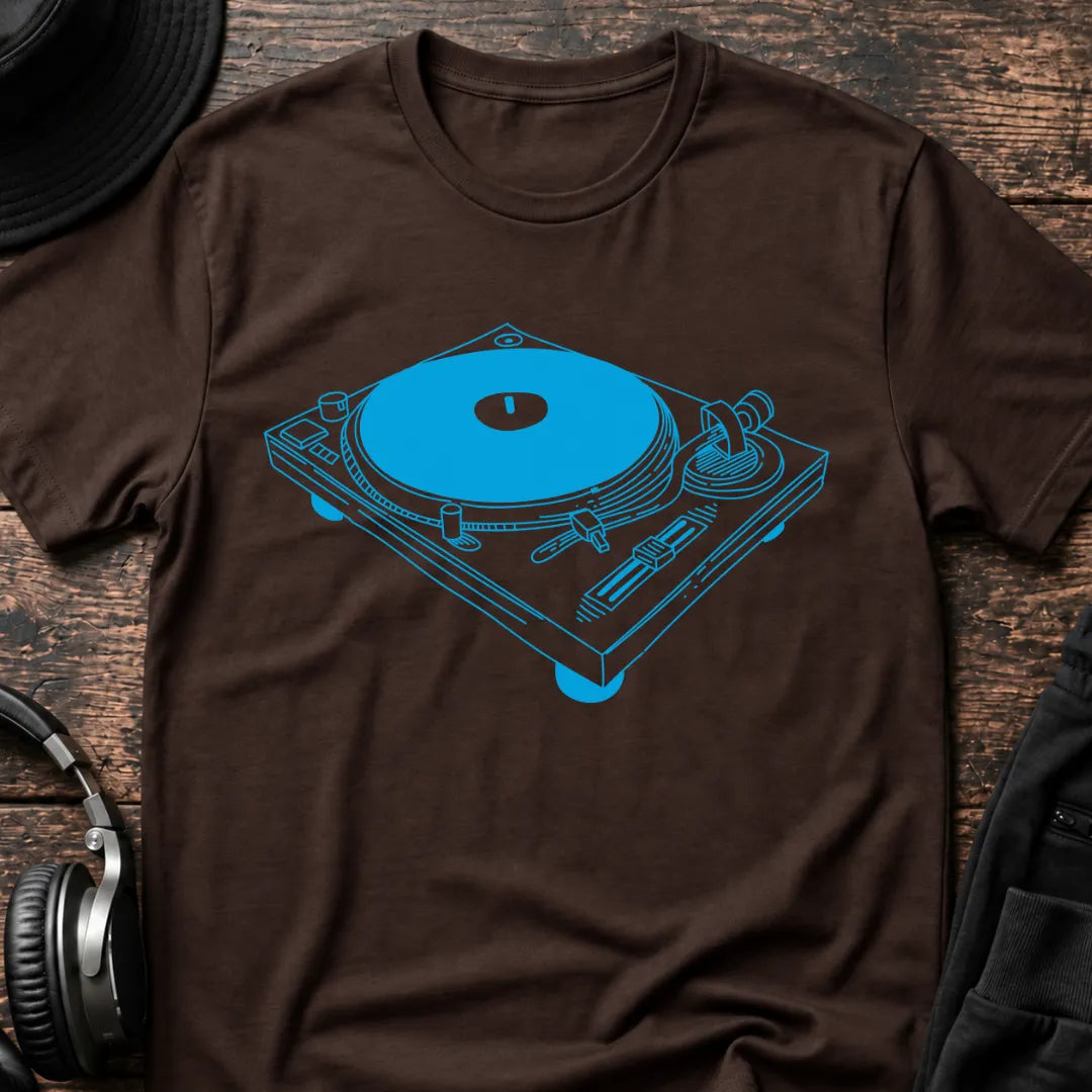 Turntable Blueprint DJ T-Shirt flat lay by QUASIKERN