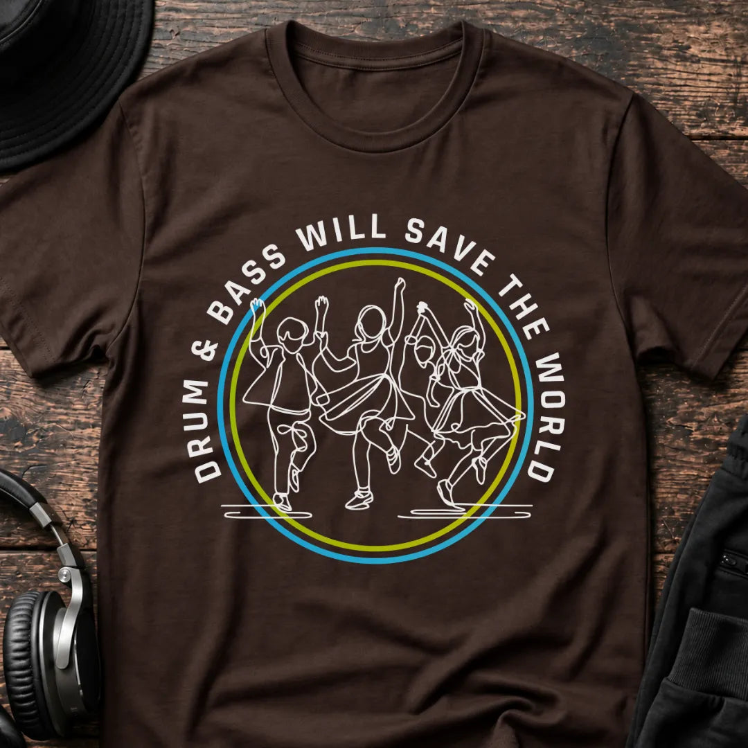 Save the World DnB T-Shirt flat lay by QUASIKERN
