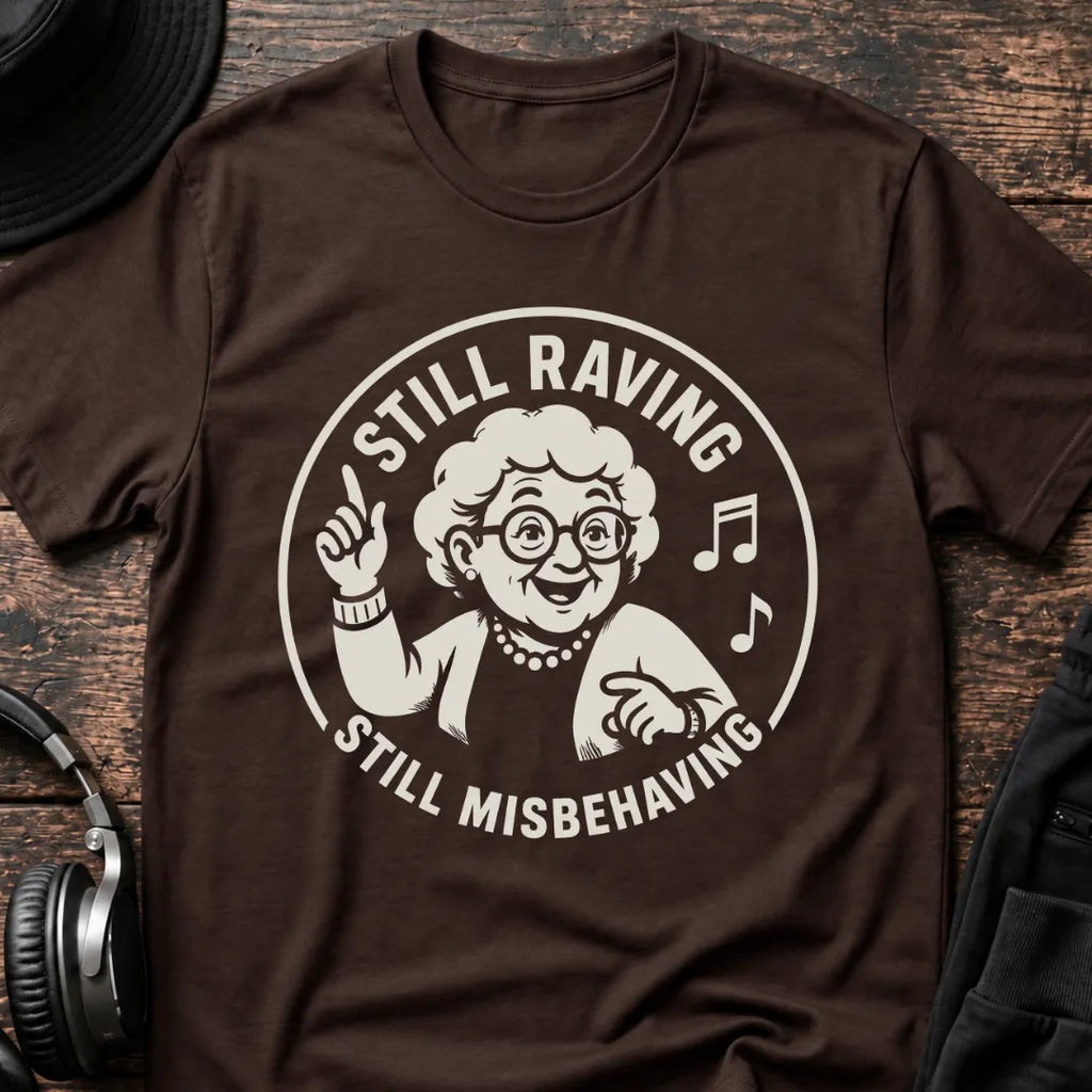 Granny Rave T-Shirt flat lay by QUASIKERN