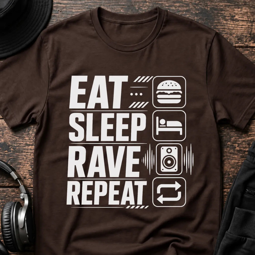 Eat Sleep Repeat Rave T-Shirt flat lay by QUASIKERN
