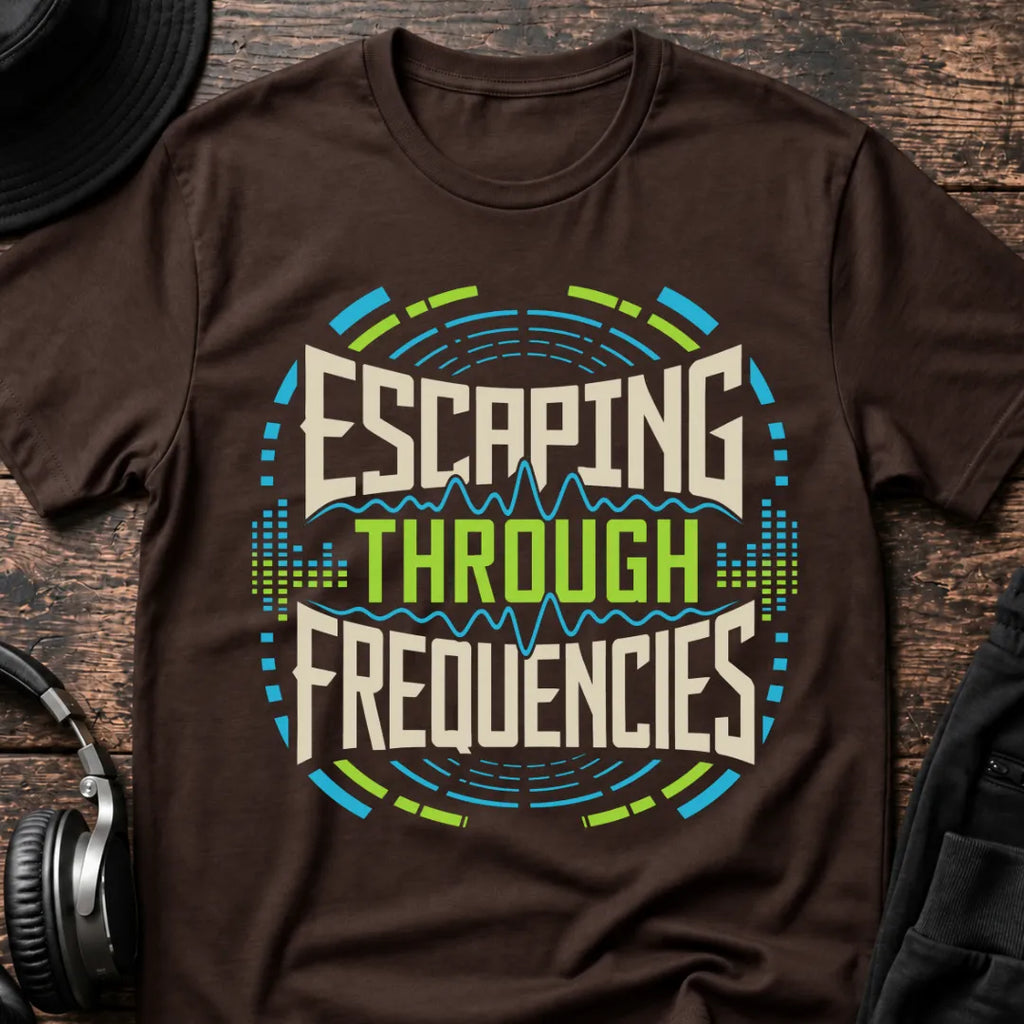 Escaping Through Frequencies Rave T-Shirt flat lay by QUASIKERN