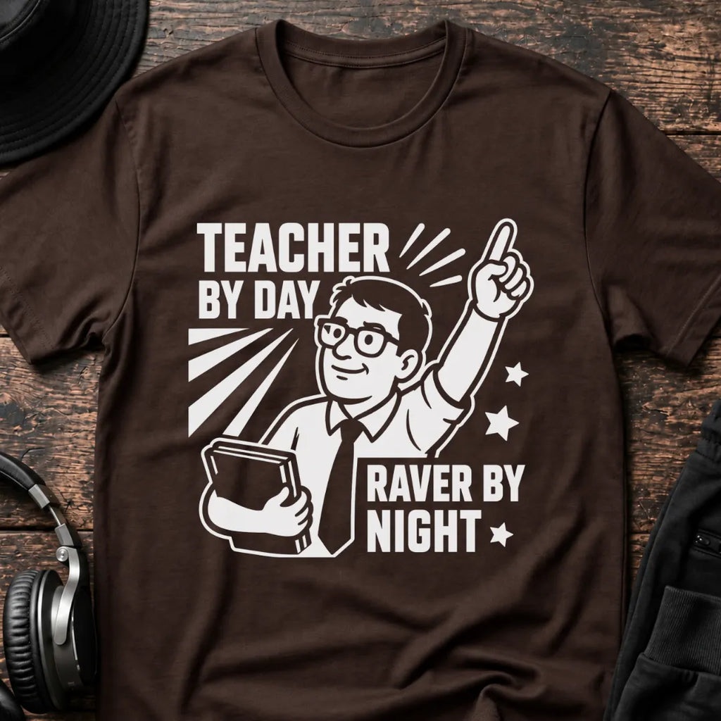 Teacher by Day Male Rave T-Shirt flat lay by QUASIKERN